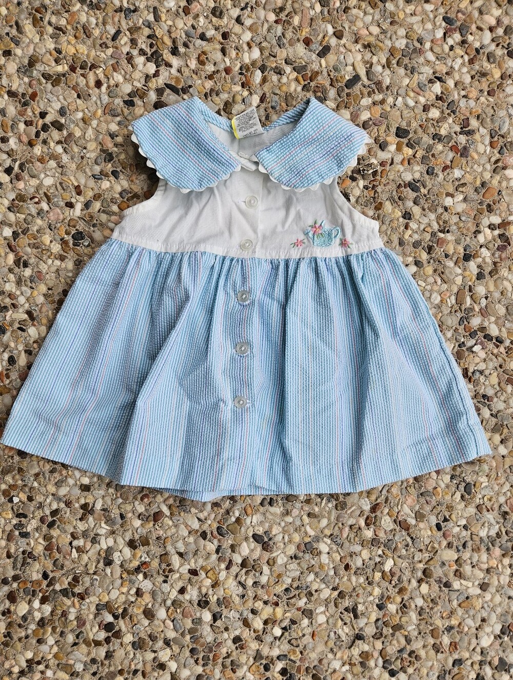 Vintage Baby Dress Peter Pan Collar Tea Pot Embroidery 12 Months Blue Red